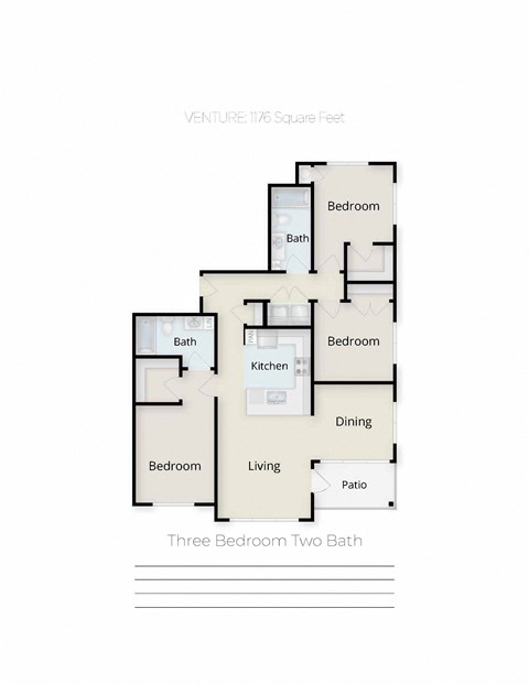 Floor plan for 3 beds, 2 baths, 1176 sqft